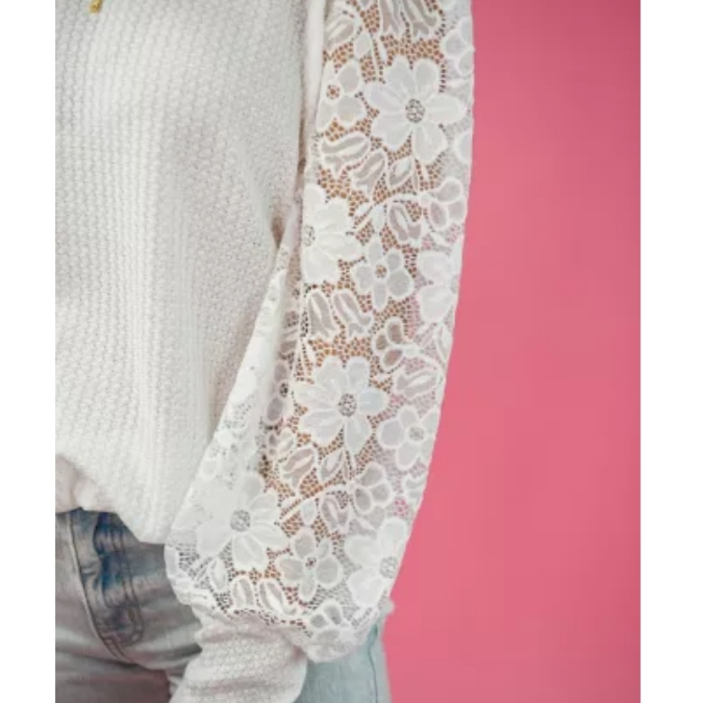 💥New boutique waffle knit lace sleeve top - Picture 5 of 11